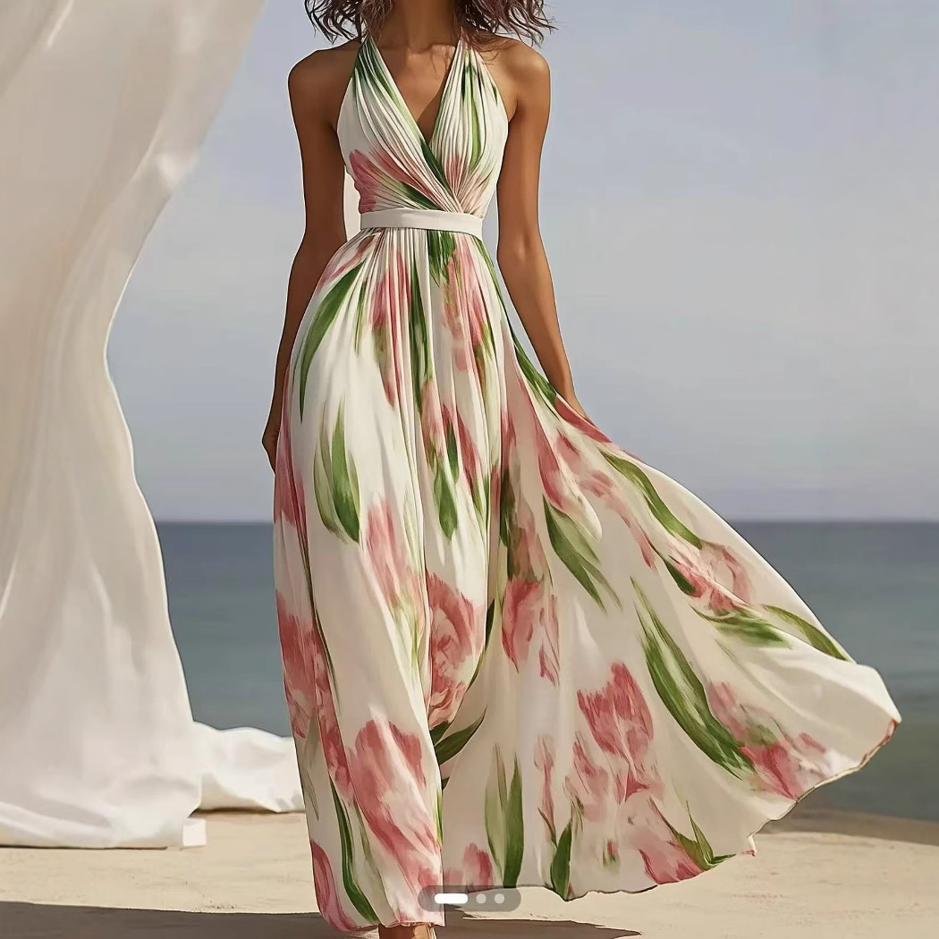 Elegant Women's Soft White Boho Beach Cover up Maxi Dress V-Neck Flowy 3D Floral Print Summer Casual Dress for Women Sizes S to XXL_ecoleips.com