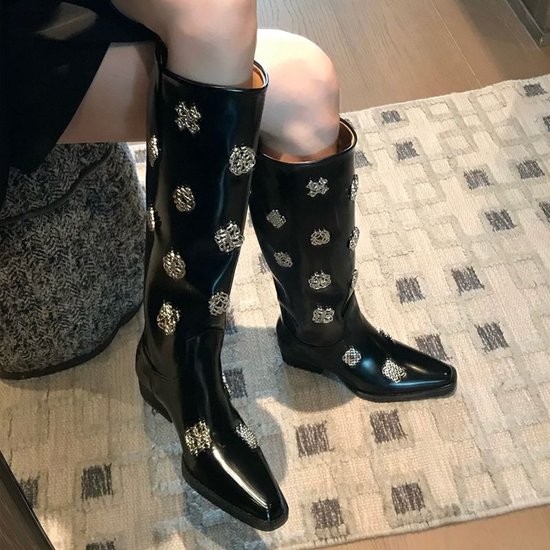 Superb Texture! Unique Design Long Boots 2026 New Model High-Top Knee-High Metal Pointed Toe Chunky Heel Riding Boots