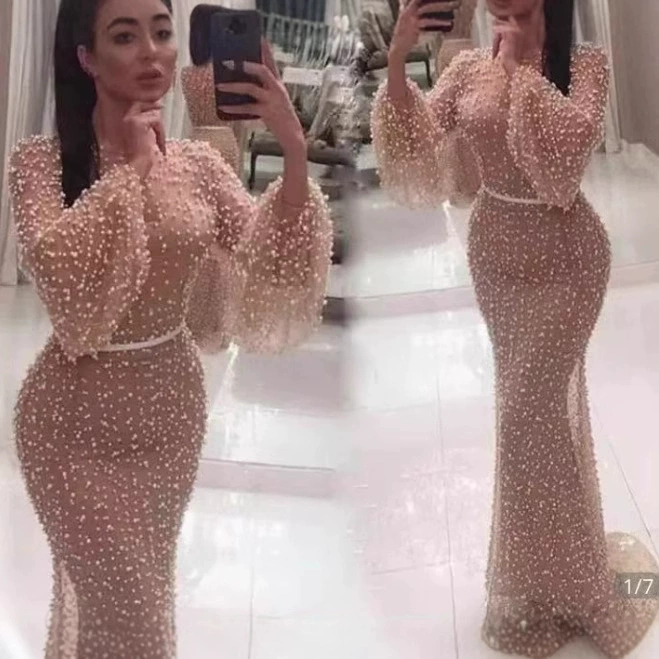 2023 Внешняя торговля Ближнего Востока Женское платье Трансграничная новая сетчатая юбка с круглым вырезом и пузырчатым рукавом Облегающая юбка на бедрах