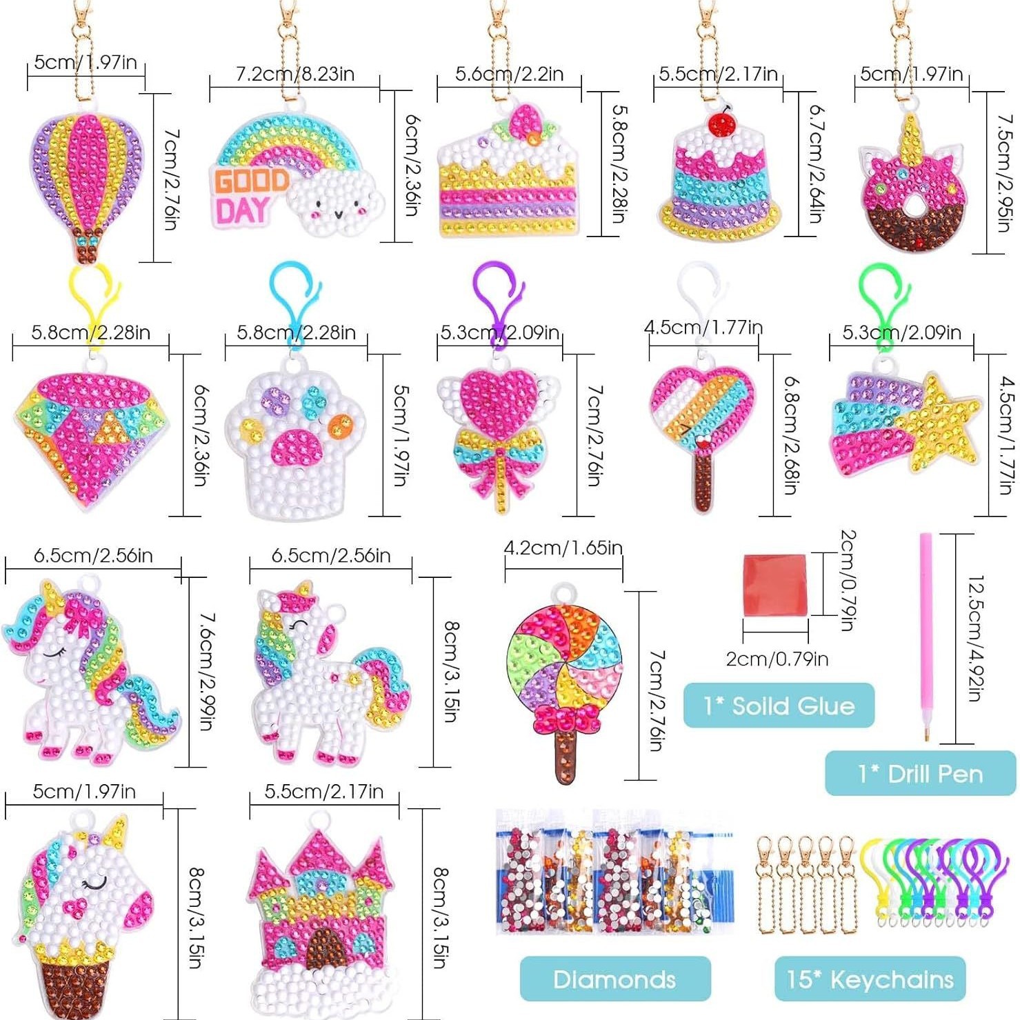 Llavero de pintura de diamantes de dibujos animados, hecho a mano, DIY, con puntos de diamantes, pegatina de diamantes para niños, colgante acrílico de unicornio para mochila