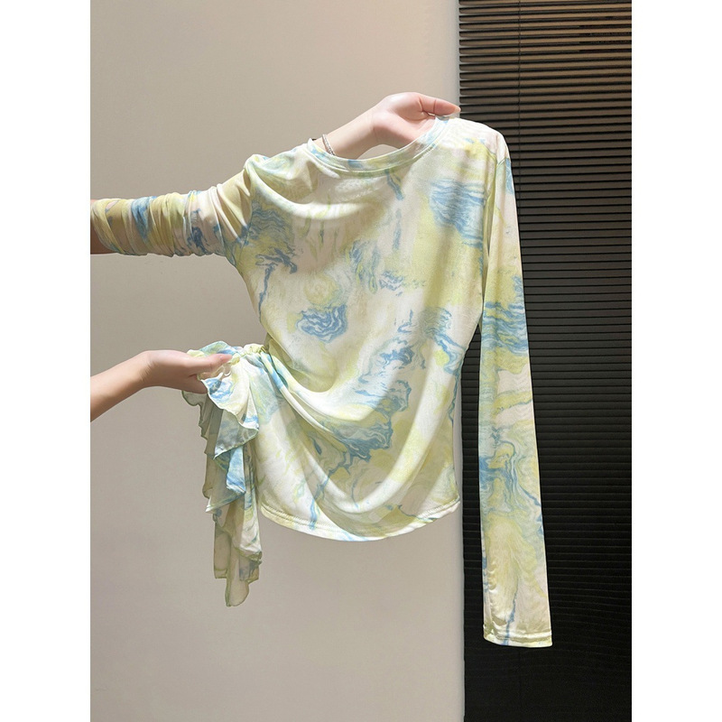 Fresh Green Long-Sleeved Tie-Dye T-Shirt for Women 2025 New Summer Style Waist-Cinching Slimming Design Sun Protection Cover-Up Top