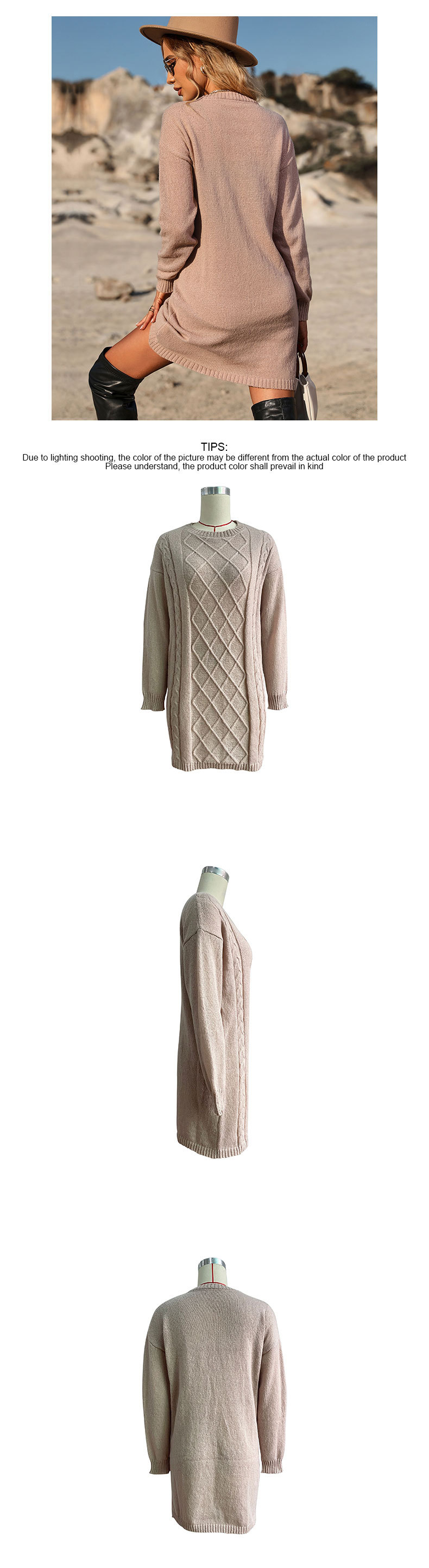 Einfarbig gestricktes Twist-Pulloverkleid mit lockeren, langen Ärmeln und Rundhalsausschnitt_voghion.com