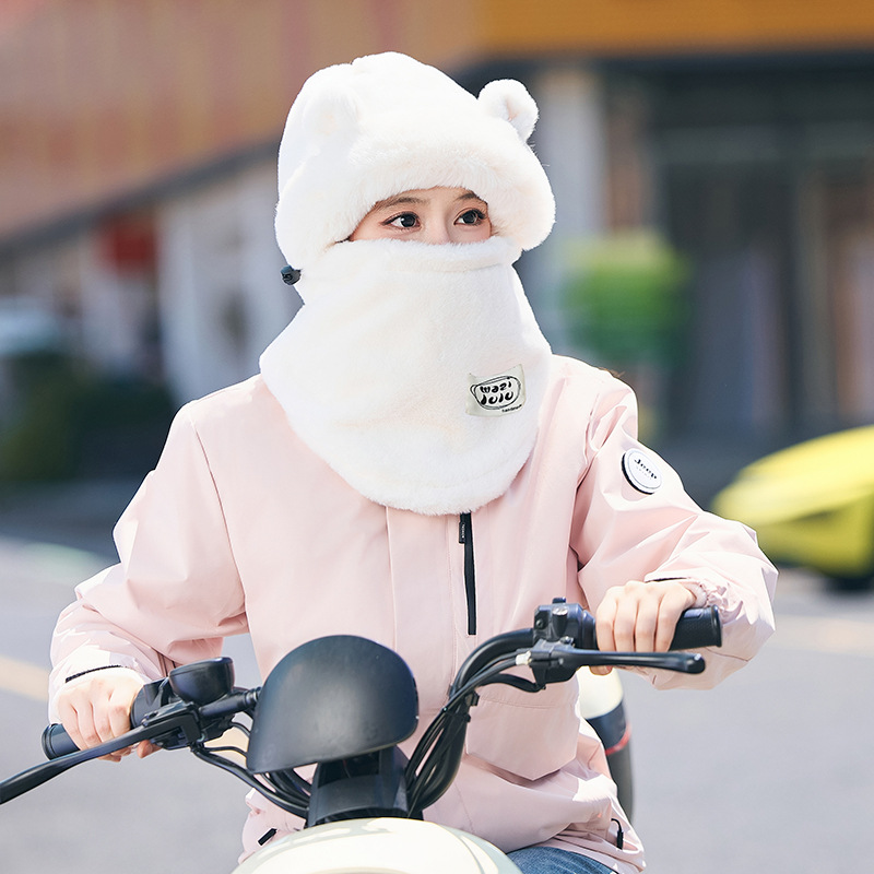 Winter Hats for Men and Women, Electric Bike Hooded Hats, Windproof and Cold-Proof, Warm Lei Feng Hats, Plush Scarf Integrated Hats
