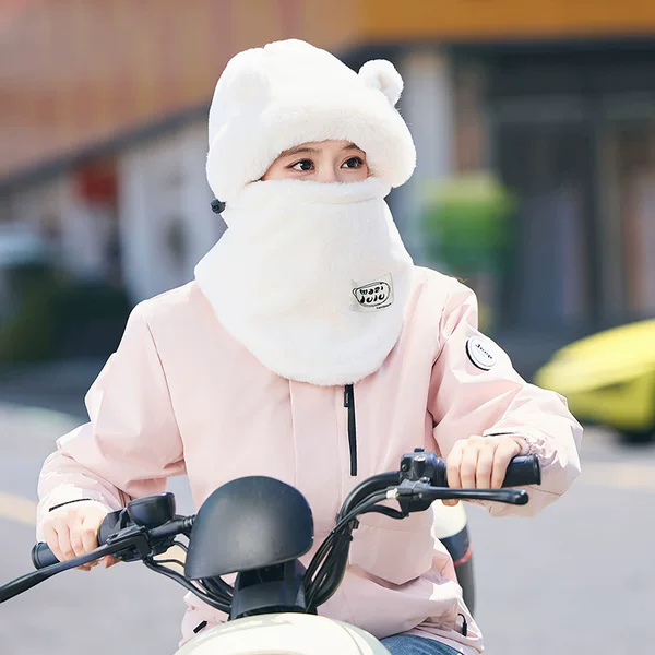 Winter Hats for Men and Women, Electric Bike Hooded Hats, Windproof and Cold-Proof, Warm Lei Feng Hats, Plush Scarf Integrated Hats