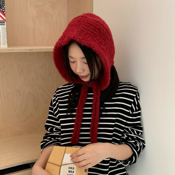 韩版秋冬季新款后开叉针织系带帽子女百搭保暖护耳毛线帽套头冷帽|undefined