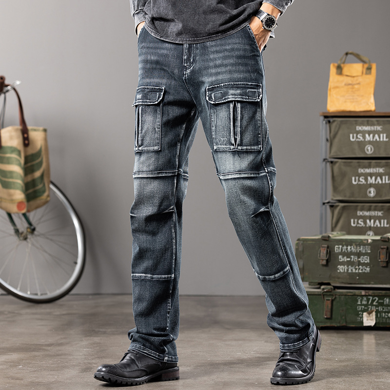 Outdoor Tactical Workwear Multi-Pocket Jeans for Men, Straight Loose Fit, Large Size, Heavy-Duty, Trendy Brand, American Retro Style, Spring and Autumn Model