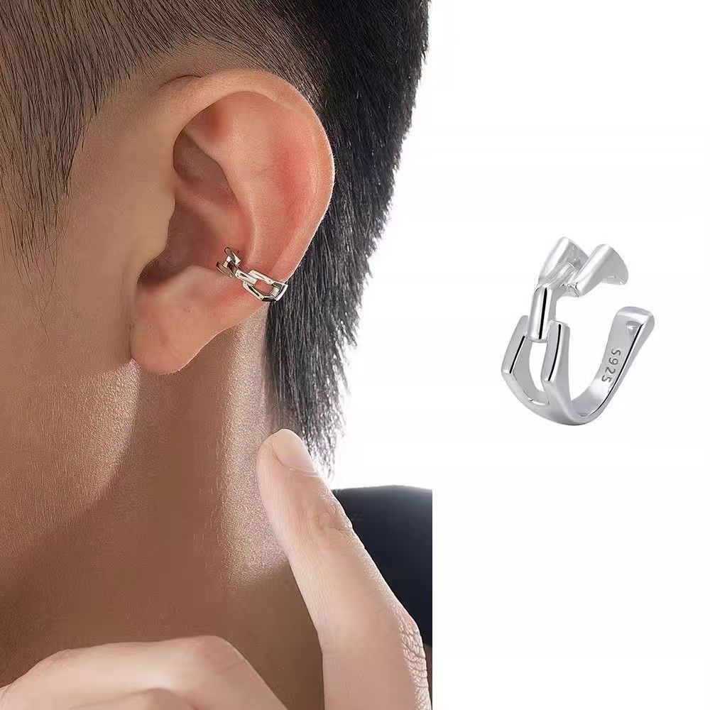 2026 Men's Smooth Hollow-Out Non-Pierced Ear Clips, Light Luxury, Simple, High-End, Niche Chain Ear Cuffs for Men