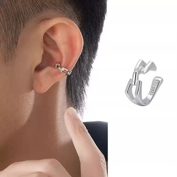 2026 Men's Smooth Hollow-Out Non-Pierced Ear Clips, Light Luxury, Simple, High-End, Niche Chain Ear Cuffs for Men