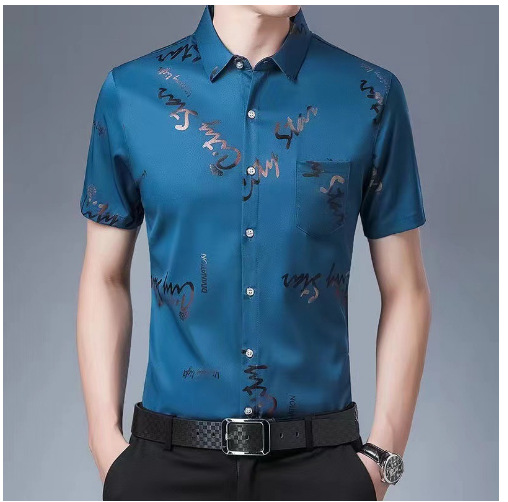 Nueva camisa floral de media manga para hombre de verano de seda de hielo sin planchar camisa de manga corta de moda para hombre camisa floral de solapa superior