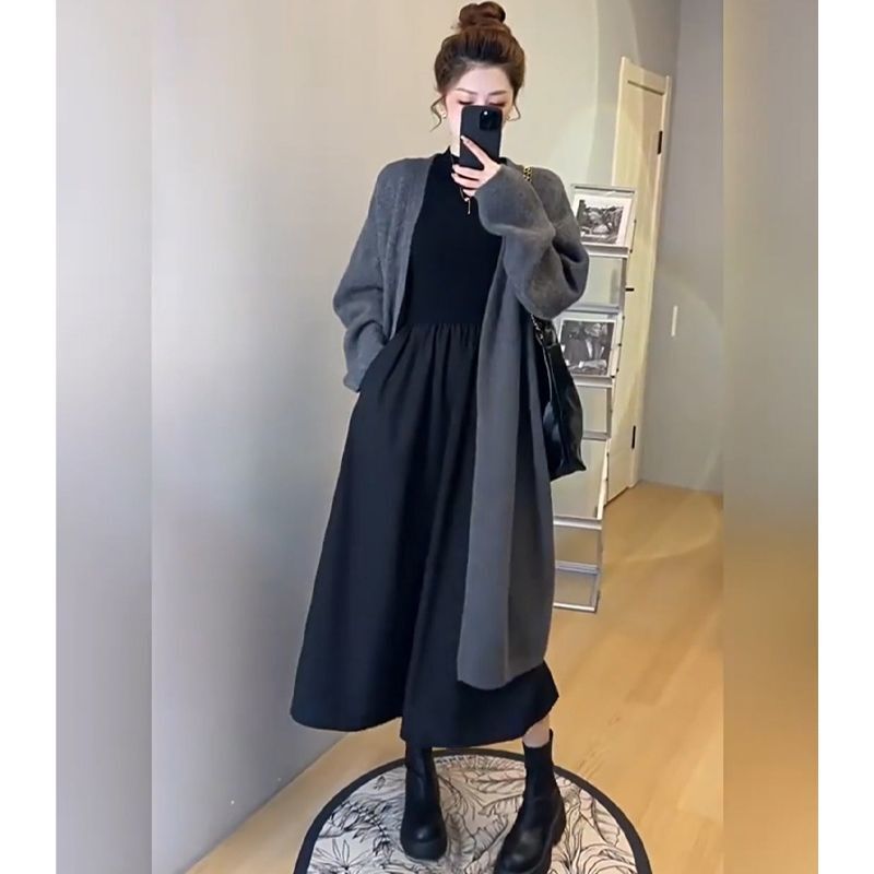 松弛感穿搭套装女秋冬港味气质显瘦打底连衣裙慵懒风洋气毛衣外套|undefined