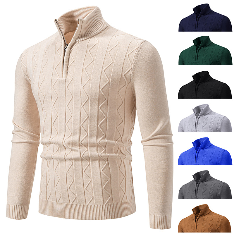 Men's Clothing Semi-Turtleneck Zip-Up Knit Sweater Long Sleeve Casual Pullover For Spring & Autumn | Breathable & Comfortable | Slim Fit_voghion.com