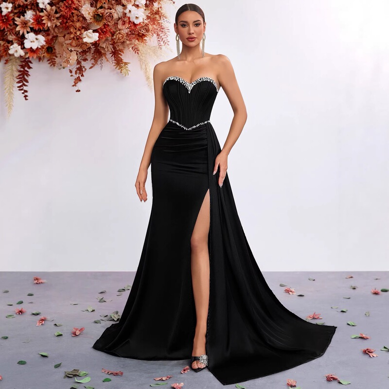 Summer New Style European and American Strapless Rhinestone Waist-Cinching High-Slit Starry Night Black Dress Evening Gown Direct from Manufacturer Summer New Style European and American Strapless Rhinestone Waist-Cinching High-Slit Starry Night Black Dress Evening Gown Direct from Manufacturer
