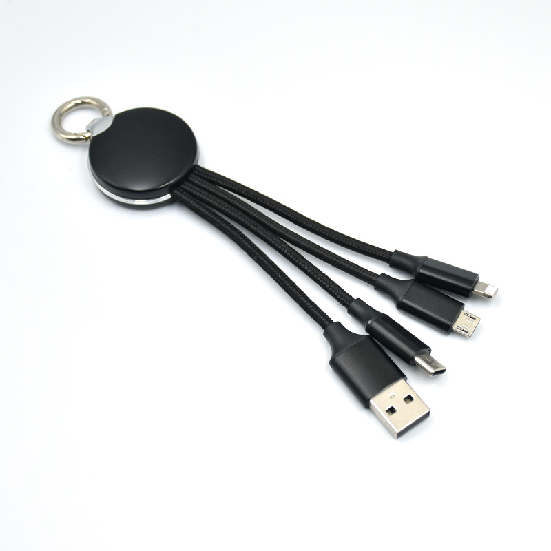 Cable de carga 3 en 1 Tejido Keychain Show pequeño regalo de teléfono móvil empresa iluminante LOGO un arrastrar tres cables de datos