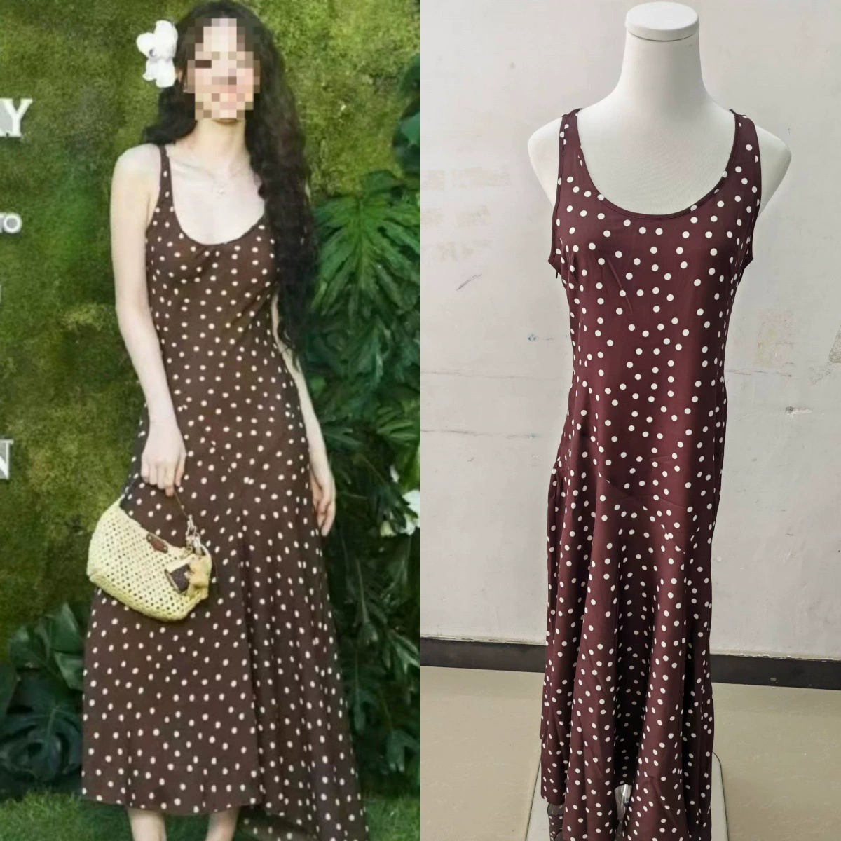 Долгосрочное пятно 2025 Ся Оуян Нана в том же стиле, платье в горошек, длинная юбка в стиле ретро, юбка на подтяжках, стиль морского курорта