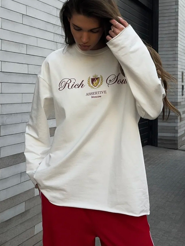 春秋のアメリカの街頭の個性的なデザイン感の雰囲気のプリント100% 純綿の長袖のtシャツの洋風の上着のins風|undefined