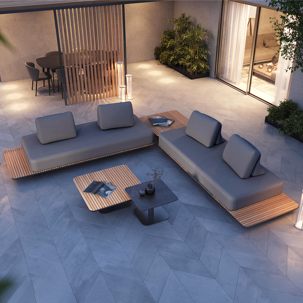 Sofá de teca al aire libre patio balcón terraza impermeable protección solar mobiliario de ocio combinación villa jardín sofá de madera maciza image 17