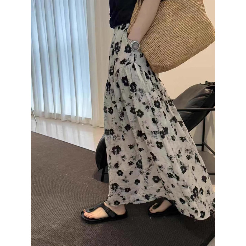 High-Waisted Floral Skirt European Station 2025 Summer New Chic Korean Style Loose High-Waisted Casual Western Style Long Skirt
