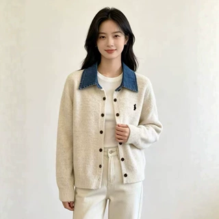 韩系秋冬新款休闲风牛仔翻领假两件针织衫女时尚气质百搭长袖毛衣