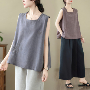 In-Stock Square Neck Sleeveless Vest for Women 2025 New Summer Loose Plus Size Retro Artistic Embroidered Camisole Top