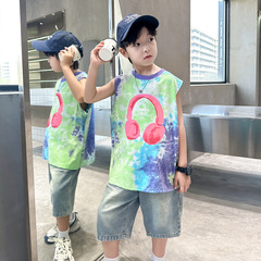 潮牌男大童無袖T恤套裝夏裝2024新款中大兒童男孩背心坎肩兩件套