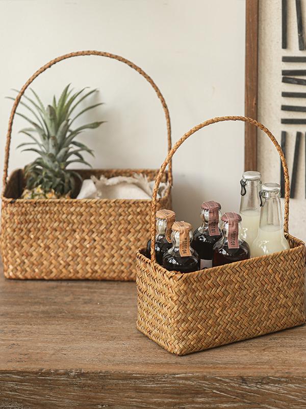 桌面手工北欧草编花篮藤编手提长方收纳篮野餐篮子ins水果置物篮