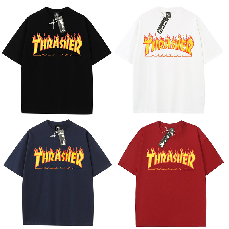 Classic Flame THRASHER Short-Sleeve T-Shirt for Men and Women, Loose Fit, Versatile Top for Spring and Summer, Round Neck, Half Sleeve, American Version