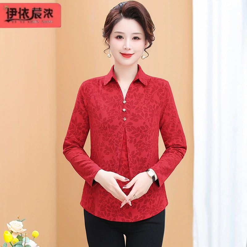 Новинка весны 2024 года, эластичный жаккардовый топ с длинными рукавами и лацканами для женщин 50-летнего возраста, среднего и пожилого возраста, для мам