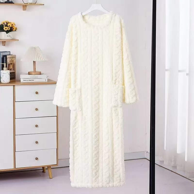 (2개) HU VELVET JACQUARD LONG BATH 원피스 느슨한 포켓 홈 잠옷 여성용 겨울 아우터 두꺼운 양고기 벨벳 파자마