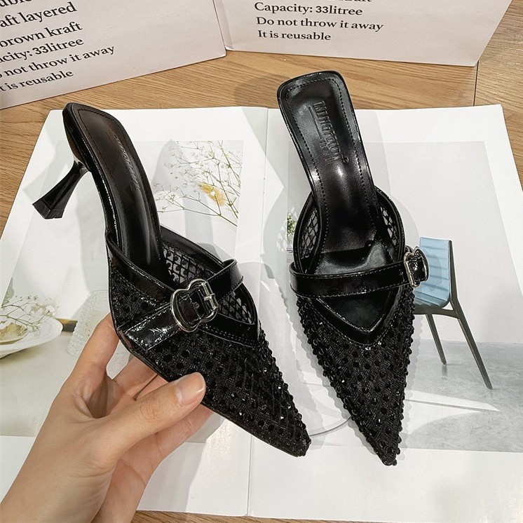 2026 nuevo verano de malla de diamante mitad zapatillas zapatillas de tacón frío zapatillas de tacón alto mujer ropa exterior de moda tacones delgados punta image 5