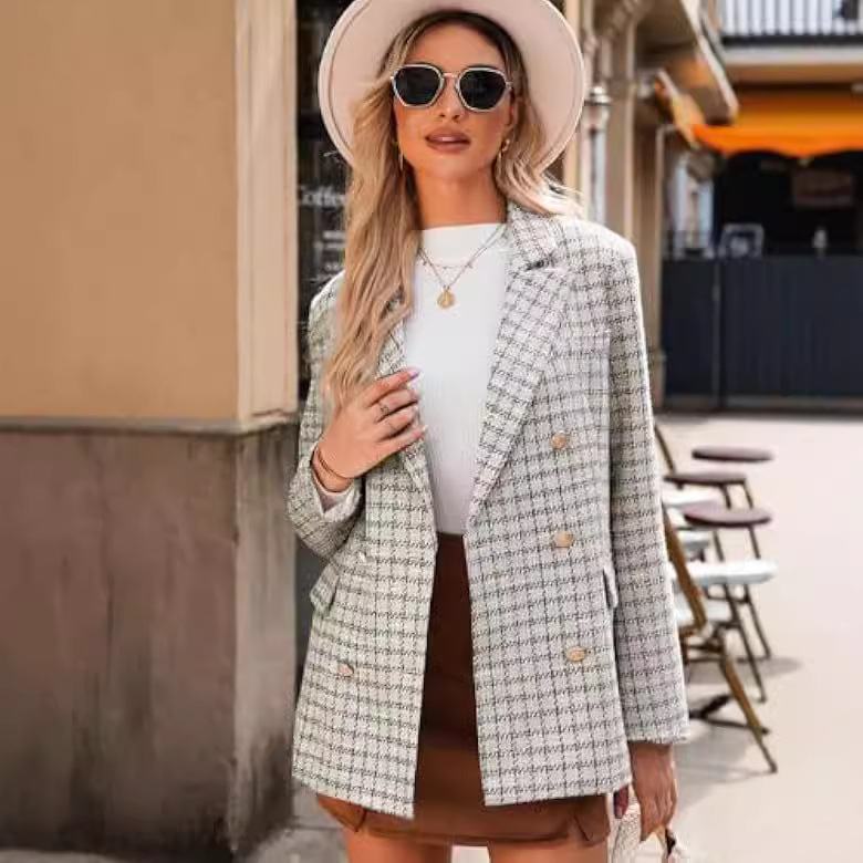 Cross-border Women's Tweed Blazer Casual Jacket Long-sleeve Double-breasted Front-open Plaid Workwear_voghion.com