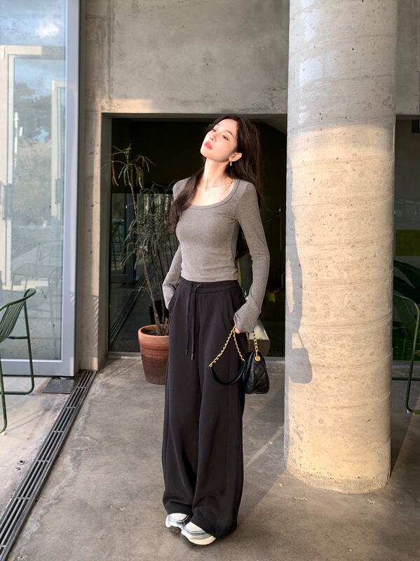alex stevens U领纯色打底衫弹力棉修身显瘦上衣女长袖保暖衣|undefined