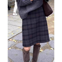复古格子毛呢A字半身裙中裙女2024秋冬高腰显瘦韩系简约羊毛短裙