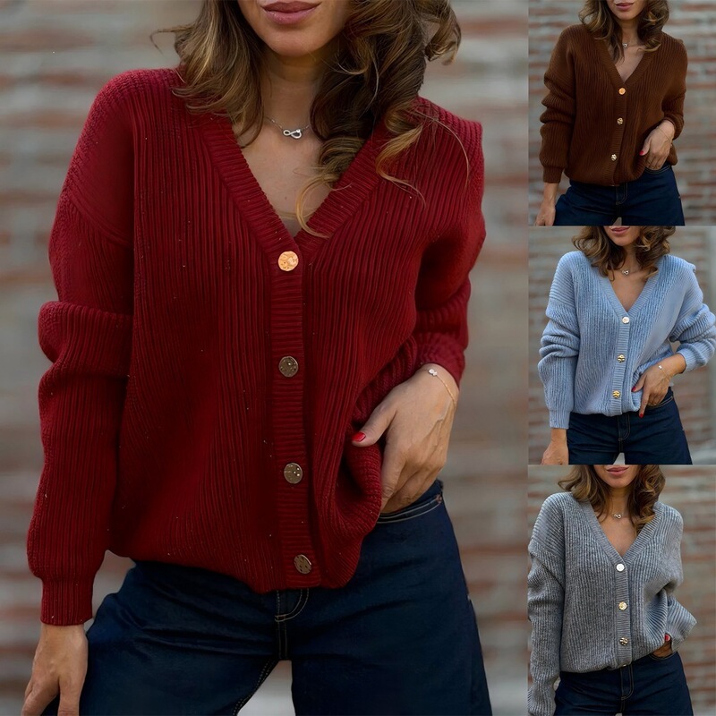 European and American style V-neck slimming knit cardigan for women, 2026 autumn new collection, elegant sweater jacket for women European and American style V-neck slimming knit cardigan for women, 2026 autumn new collection, elegant sweater jacket for women