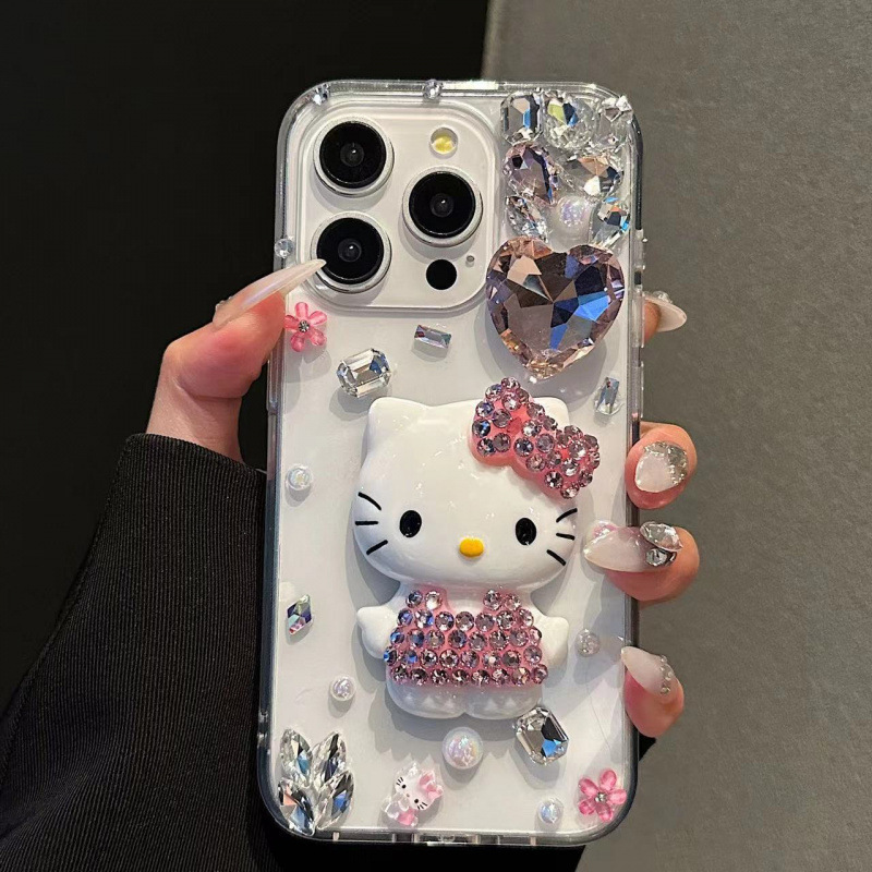 Suitable for Apple 17Promax Mobile Phone Case with Stereo Rhinestones Hello Kitty Apple 16/15/1413 Rhinestone Heart Case Suitable for Apple 17Promax Mobile Phone Case with Stereo Rhinestones Hello Kitty Apple 16/15/1413 Rhinestone Heart Case