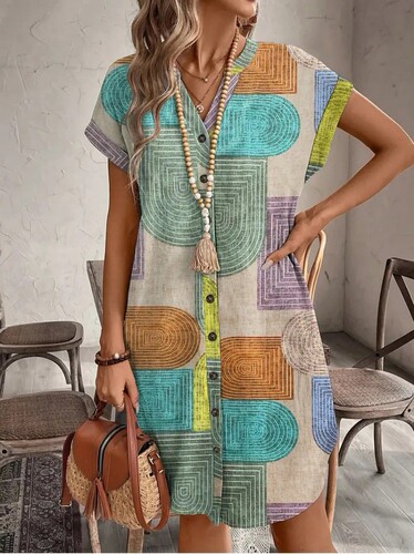 Women's Elegant V-neck Button-up Sleeveless Dress with Geometric Print for Summer