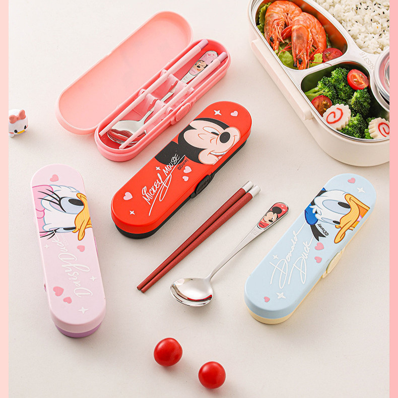 Disney Officially Licensed Cartoon Mickey and Minnie 304 Stainless Steel Spoon and Pet Chopstick Box 3-Piece Set, Easy to Carry Disney Officially Licensed Cartoon Mickey and Minnie 304 Stainless Steel Spoon and Pet Chopstick Box 3-Piece Set, Easy to Carry