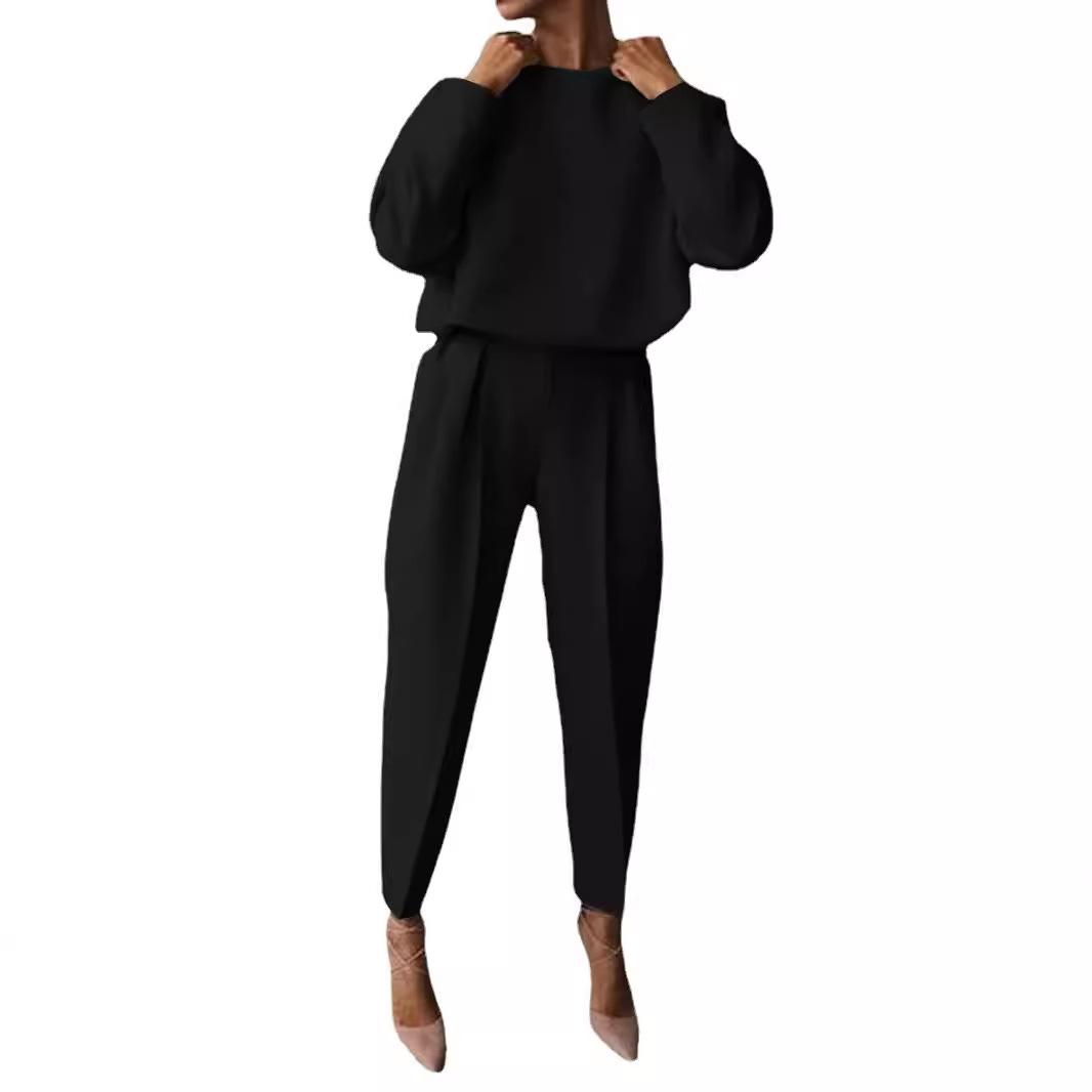 In-Stock Cross-Border Amazon Temu Hot-Selling European and American Foreign Trade Women's Clothing Autumn and Winter Solid Color Long-Sleeved Casual Two-Piece Set