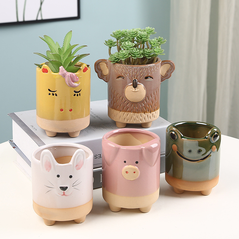 Cross-border Cute Animal Fleshy Ceramic Flower Pot Wholesale Handmade Straight Color Cartoon Flower Pot Container Pen Container Ornaments