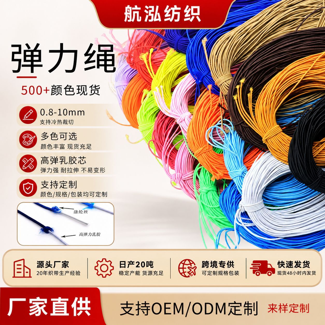 彩色圆松紧弹力绳0.8-12mm高弹力乳胶丝橡筋包芯文玩手串服装辅料