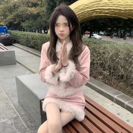 社会女套装快手网红同款减龄时尚千金风拼接保暖毛绒外套+短裙子