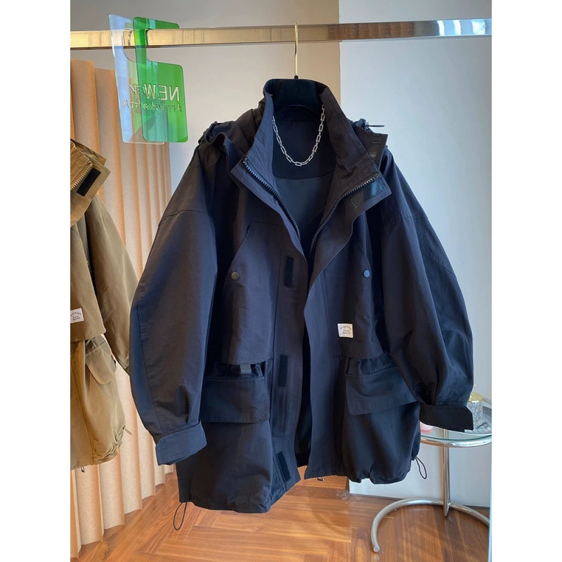 The 2025 New Trendy Designers' Retro Fashion Workwear Hooded Overcoat for Casual Wear, Versatile Mid-Long Length Windbreaker Jacket