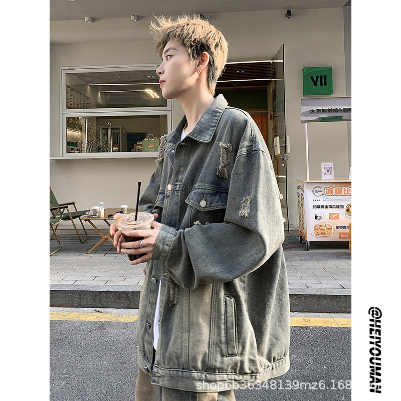 2025 남성용 아메리칸 레트로 데님 재킷 봄, 가을 멋진 워싱 찢어진 루즈 재킷 남성 트렌디 의류