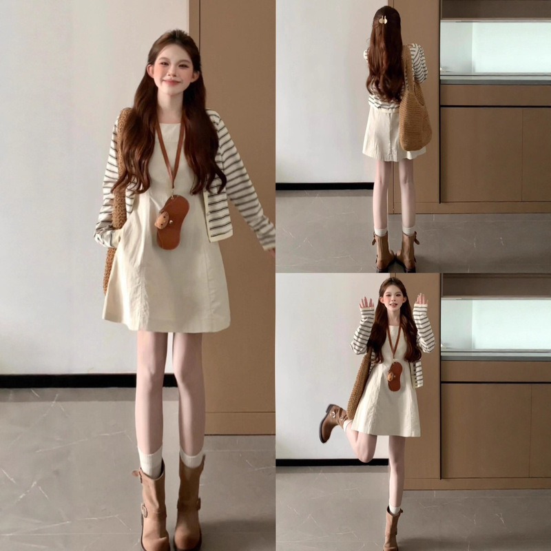 2025 Autum Wear a Complete Set of Korean Chic and Beautiful Suits for Women, Age-Reducing Knitted Cardigan Dress Two-Piece Set