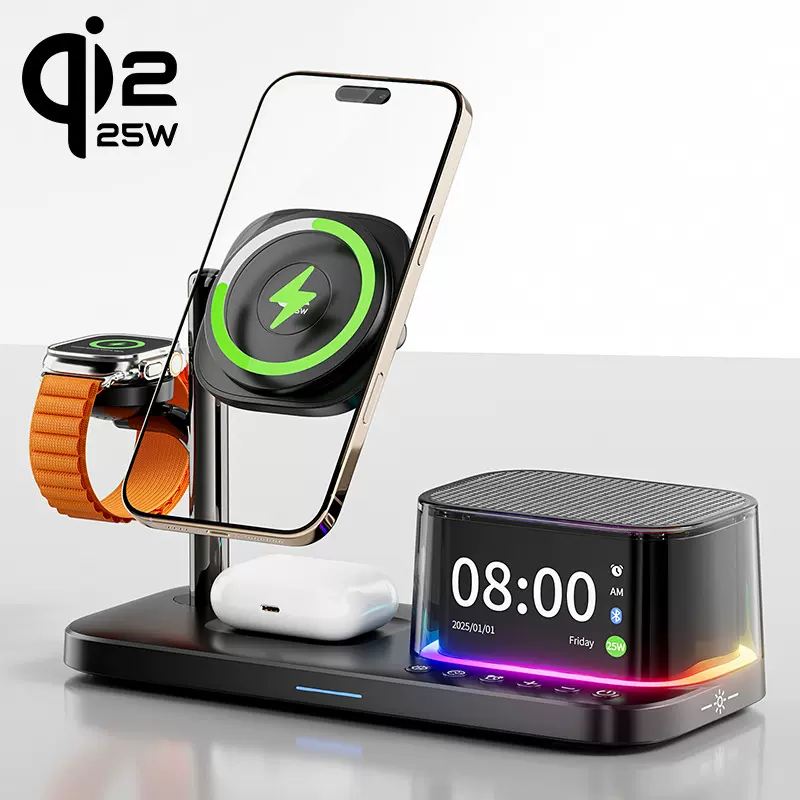 新品QI2.2-25W五合一无线充电器 手机手表耳机时钟LED灯蓝牙音响