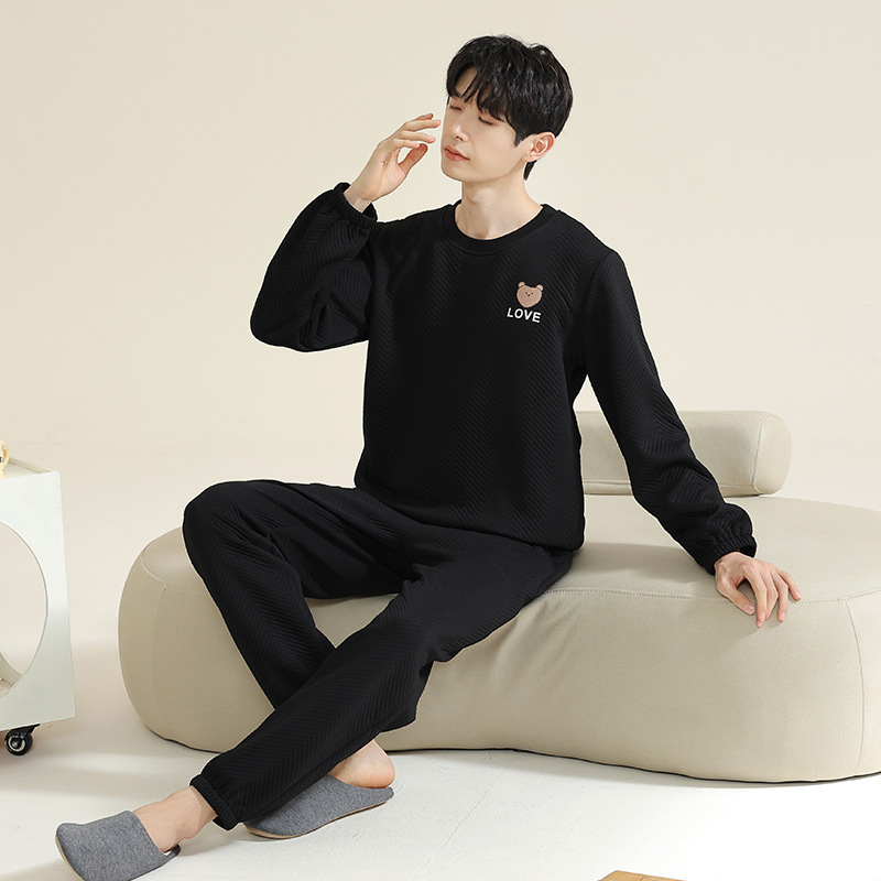 젊은이와 중년층을 위한 가을 겨울 에어 샌드위치 남성용 새로운 두꺼운 잠옷 플러스 사이즈 간단한 스포츠 스타일 가정복 세트