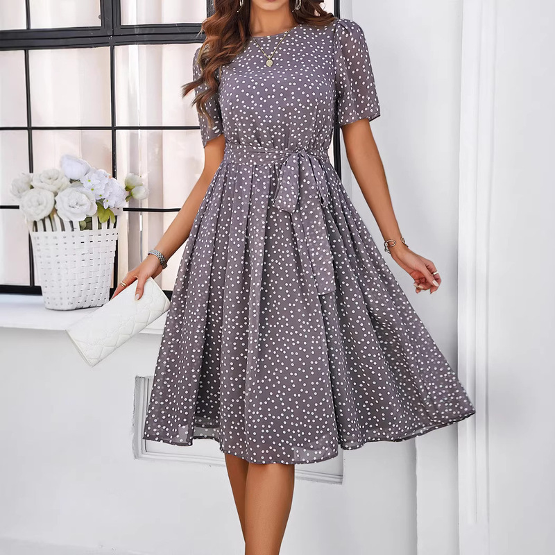 Cross-Border Foreign Trade European and American Women's Clothing Amazon 2025 Spring and Summer Elegant Casual Polka Dot Tie-Up Long Dress