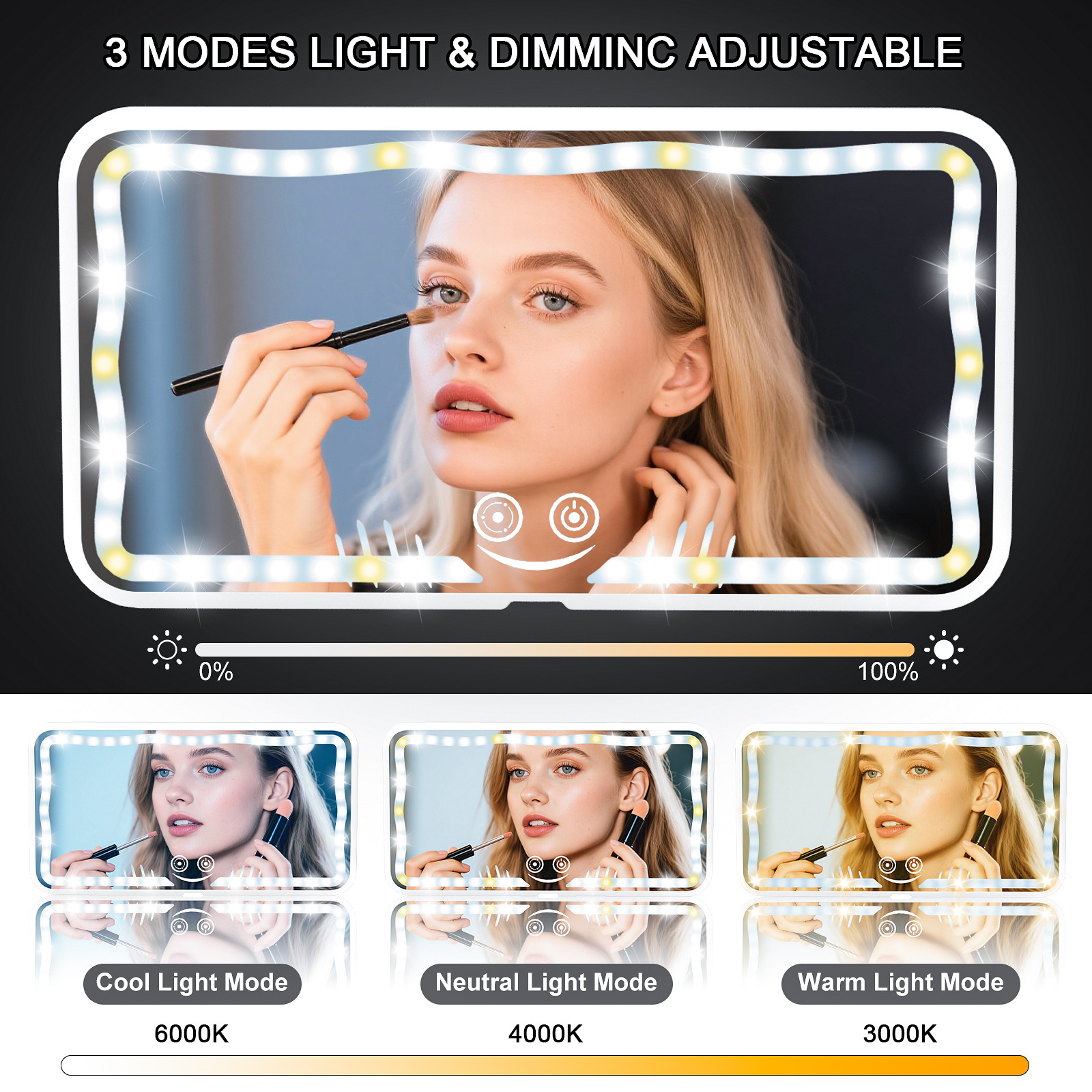 Cross-Border Car Sun Visor Makeup Mirror Led Car Makeup Mirror, New Appearance Design with Three Color Temperatures and Adjustable Lighting