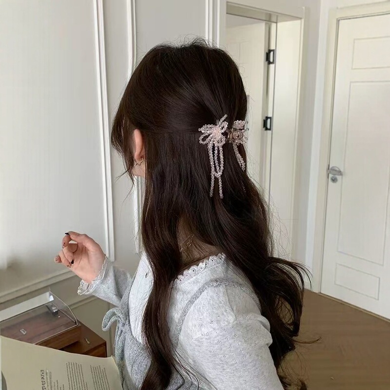 仙女本仙珍珠流苏小抓夹轻奢高级感半扎马尾发夹重手工水晶夹批发|undefined