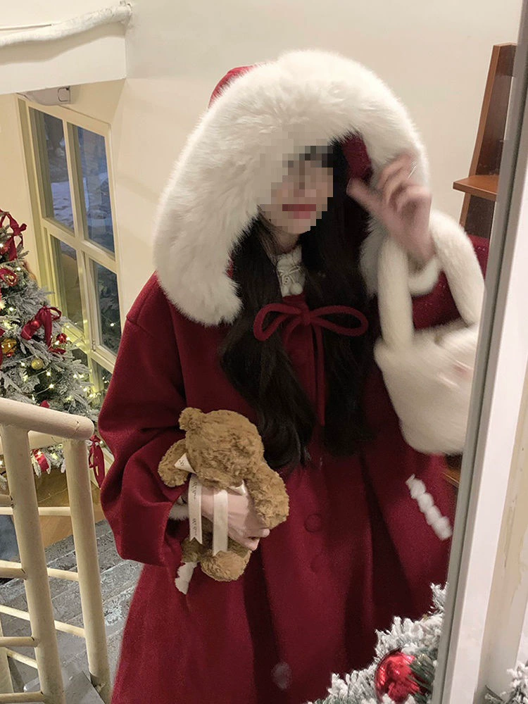 Новогодняя рубашка Академия Ветер Рождественский красный бант пальто женский осенний и зимний маленький человек с длинным пальто с капюшоном