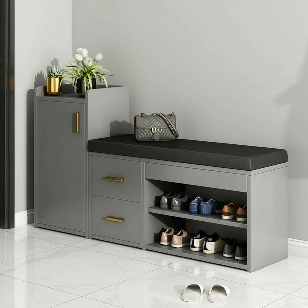 Скамейка для переобувания для входа в дом, легкий роскошный шкаф для обуви, многофункциональное хранилище, небольшая узкая полка для обуви в прихожей, встроенная длинная скамейка для входа.
